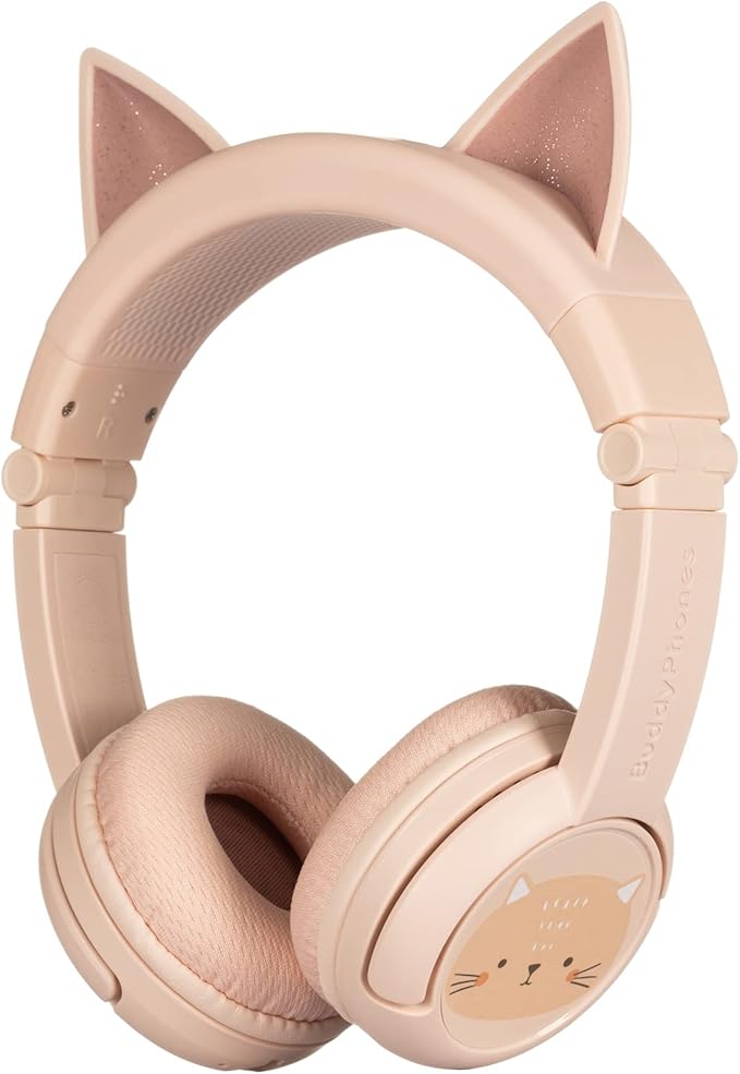 BuddyPhones PlayEars Plus | Cat Ear Foldable Bluetooth Kids Headphones + Microphone, Works Wired or Wireless - SafeAudio Volume-Limiting for iPhone/iPad/Tablet/PC and More