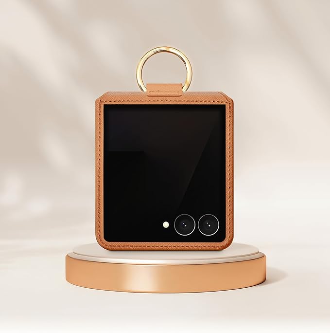 [BeYourSanta] Galaxy Z Flip 7 Case with Ring - Avant-Garde Handmade Saffiano Vegan Leather Case, Anti-Scratch Hinge Protection, Made in Korea (1 Pocket, Saddle Brown)