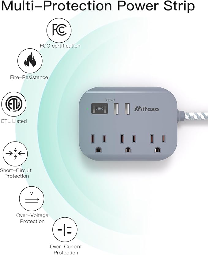 Cruise Ship Essentials - 3Ft Flat Extension Cord with Multiple Outlets, Power Strip USB Charging Station with Non Surge Protector for Cruise Ship, Travel, Dorm Room Essentials, Grey