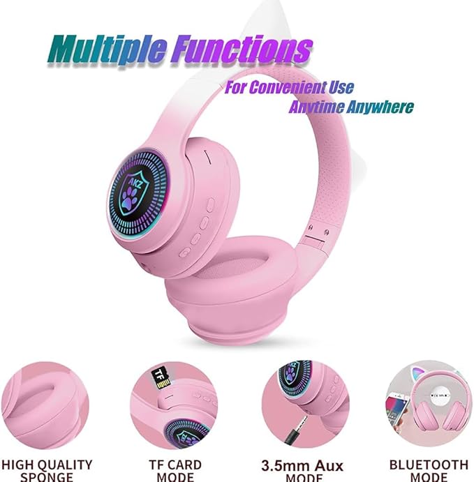 Cat Ear Gaming Bluetooth 5.2 Wireless Foldable Headphones with LED Light, Stereo Game Surround Sound Over-Ear Headsets with Microphone AUX for PC, Pad, Mobile, Laptop, Game, Kids, Gift