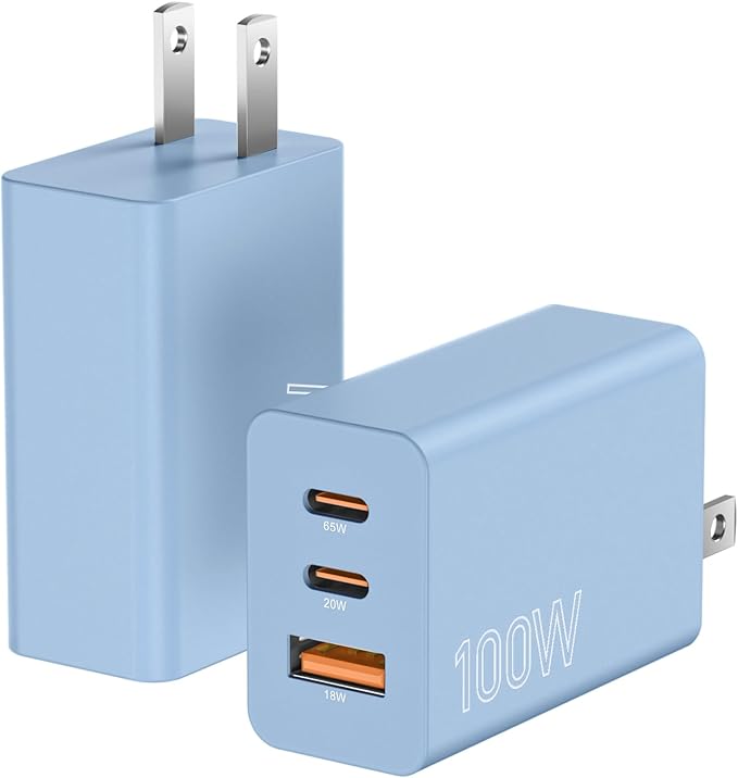 2Pack 100W USB C Charger Block, 3Port Fast Charging Adapter, Type C Fast Charging Blocks Cube PD USBC Wall Plug+QC3.0 USB A Charger Brick for MacBook Pro/Air,iPad,iPhone 17/16,Samsung S25 &More-Blue