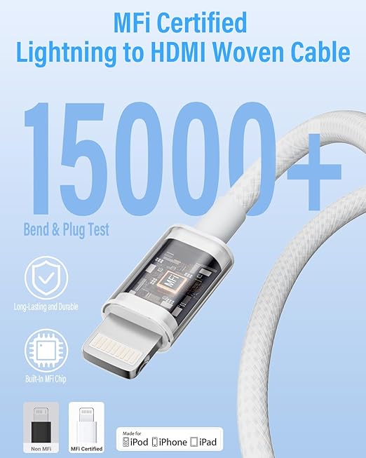 [Apple MFi Certified] Lightning to HDMI Adapter 10ft Cable, 1080P HD Sync Screen Mirroring for iPhone/iPad to TV/Monitor/Projector, Plug & Play No Power Required, iOS-Compatible Digital AV Connector