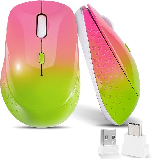 Wireless Mouse,USB-C & USB-A Dual Receiver Silent Rechargeable Mouse,Ergonomic Portable Optical Mouse for MacBook, iPad, Tablet, Laptop, PC–Gradient Pink Green