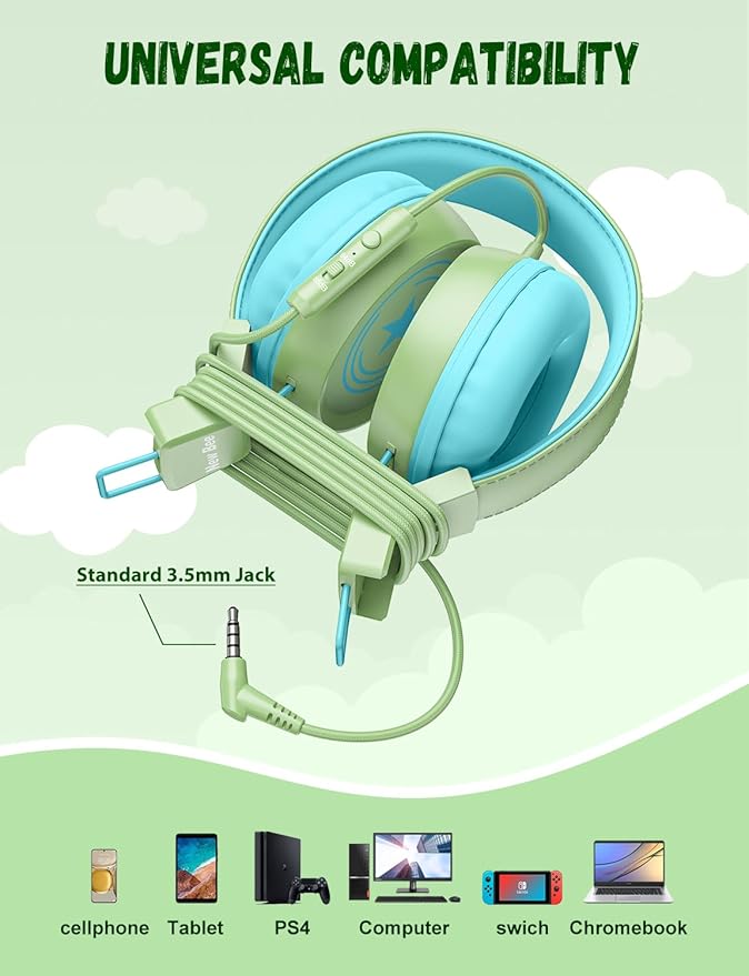 New Bee Kids Headphones for School with Microphone KH20 HD Stereo Safe Volume Limited 85dB/94dB Foldable Lightweight On-Ear Headphone for boy Mac/Android/Kindle/Tablet/Pad