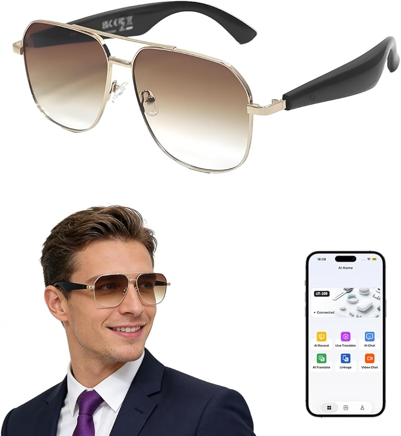 Bluetooth Sunglasses for Men, AI Smart Glasses with Open-Ear Speakers for Music & Calls, Blue Light Blocking UV400 Lenses Lightweight Translation Glasses for Driving, Travel & Work