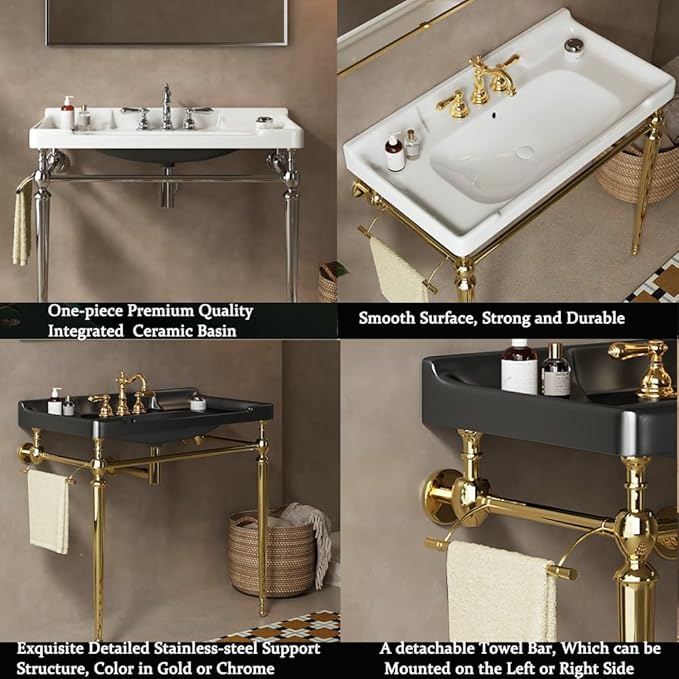 36" Bathroom Console Sink, Wall-Mounted White Ceramic Vanity Basin with 3 Pre-drilled Faucet Holes, Freestanding Chrome Stainless Steel Support Legs with Towel Bar, No Faucet - Rome, White