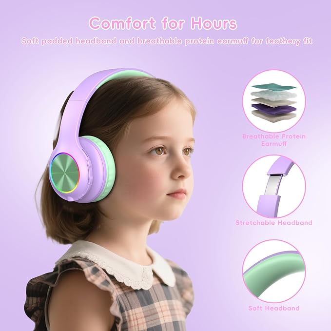 Kids Bluetooth Headphones with LED Light, 45Hours Playtimes, 85/94dB Volume Limited, Bluetooth 5.4, Wireless Headphones for Kids with Built-in Mic, Wired & TF Card Mode,Green and Purple