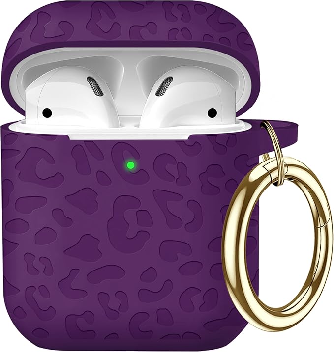 Compatible with Airpods Case Leopard Engraved Skin Cover Compatible with Airpods 2nd/1st Charging Case,Cute Soft Silicone Full Protective, Front LED Visible, Deep Purple