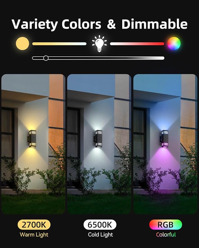 KIZON Smart Outdoor Wall Lights Dusk to Dawn Outdoor Lighting RGB Color Changing 2 Pack, Modern Exterior Lighting Fixtures with Remote Control, Waterproof Ambiance Up and Down Lights