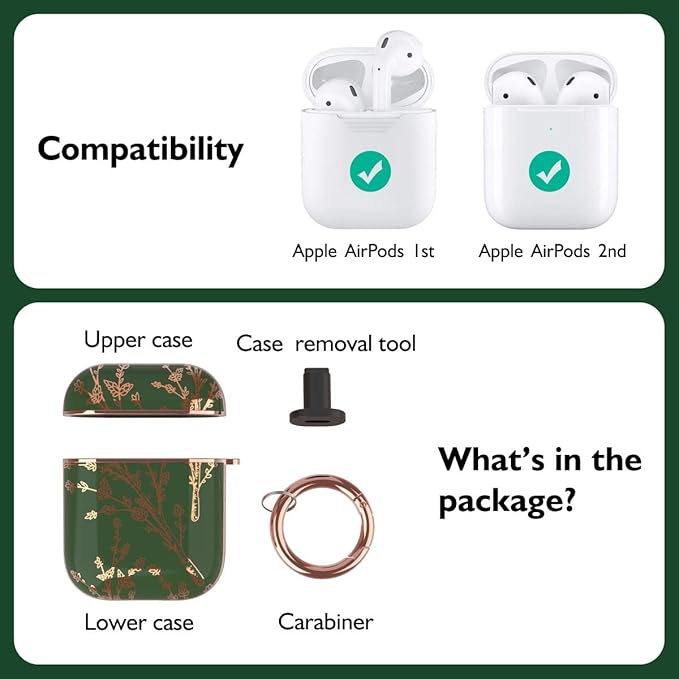 TATOFY Case Cover for AirPods 1&2, Elegant Cute Flower Patterns Protective Hard Case with Clip Keychain