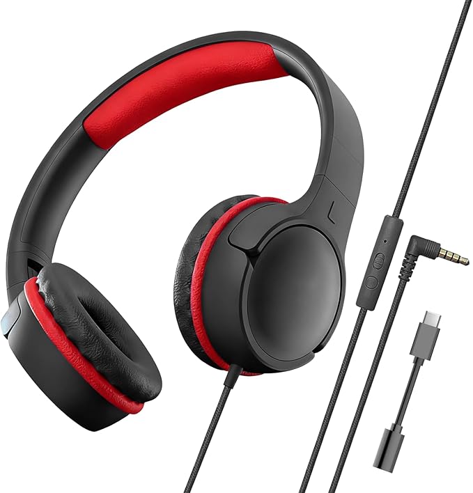 Children's Headphones with Microphone, Foldable 3.5mm Jack, USB-C Jack, Adjustable 85db/94db Volume, Suitable for Mobile Phones,Computers,Tablets,School,Airplanes,Travel (Black)