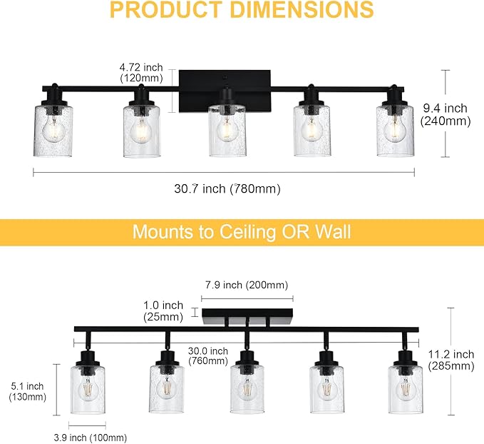 5-Light Black Track Lighting Kit Ceiling Mount Kitchen Track Lighting Fixtures, Bathroom Ceiling Tracking Vanity Light with Bubble Seeded Glass Shade & Rotatable Tracking Heads for Accent Shop