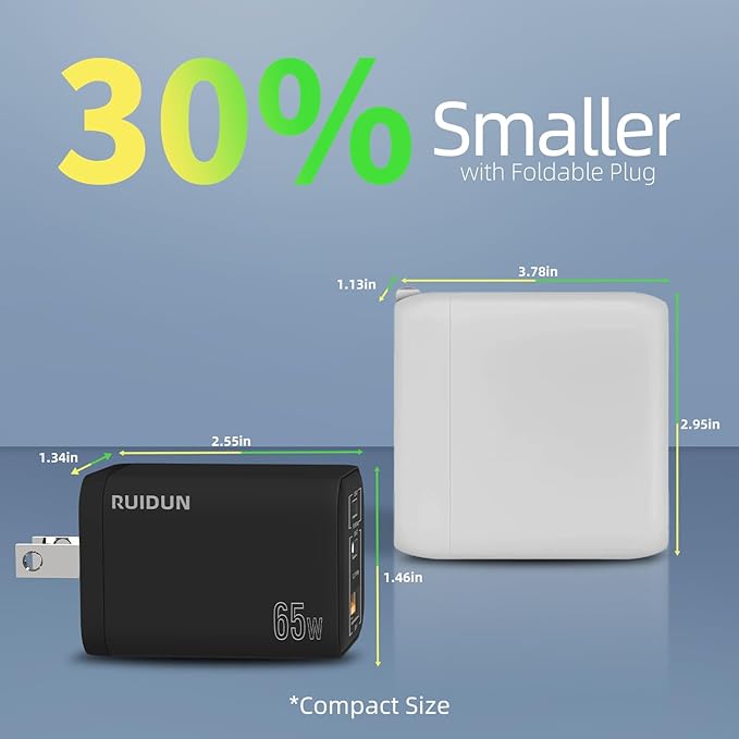65W USB C Charger,3-Ports PD3.0 GaN Charger for Travel, Fast Charger USB C for MacBook Pro/Air, iPad, Galaxy S24 Ultra, Dell XPS, iPhone 15 Pro and More(Black)