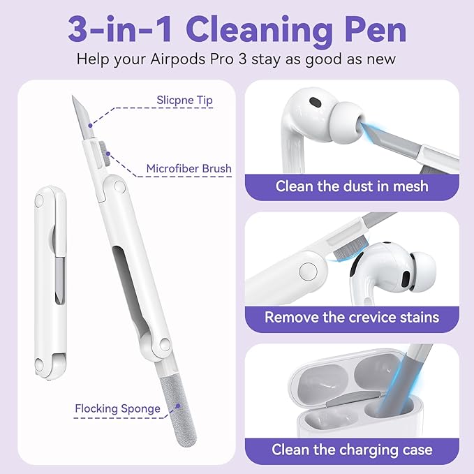 for Airpods Pro 3 Case 2025, Anti-Yellowing Clear Case for Airpods Pro 3 with Secure Lock & Phone Stand, Soft TPU Drop Protection Cover with Cleaning Kit (Purple)