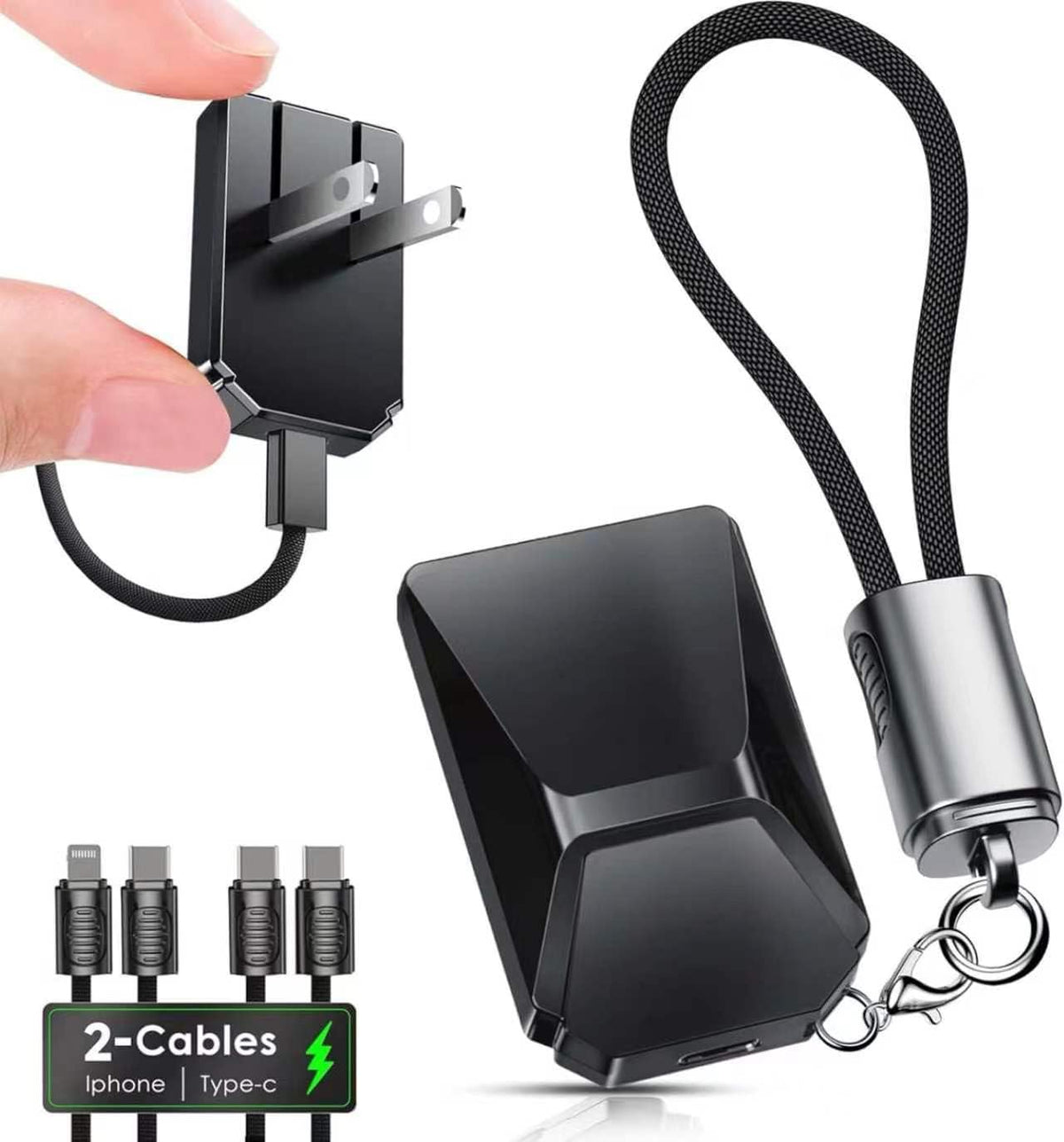 USB C Charger for iPhone 16/15 Charger Fast Charging, GaN Keychain Design Fast Wall Charger Block with 2 Pack USB C to C & C to Lightning Cable, Foldable and Compact for iPhone 17/16/15, iPad(Black)