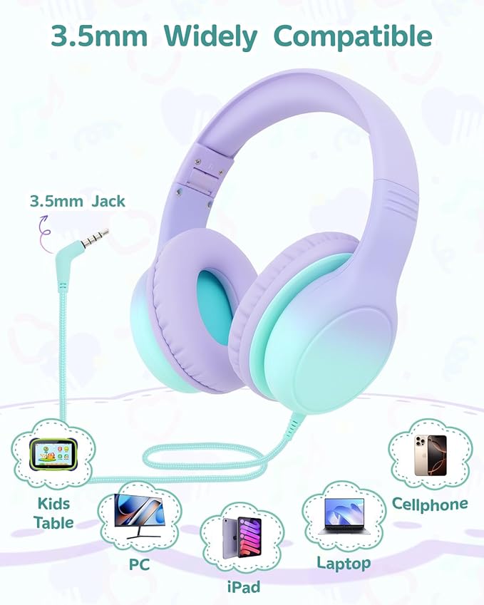 Over Ear Kids Headphones with HD Mic, Safe Volume Limited Wired Headphones for School, Travel, Stereo Sound Headphones with Cord, Foldable 3.5mm Headphones for iPad, Laptop, PC, Purple-Green