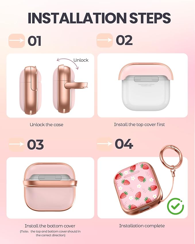 Coralogo for AirPods 2/1 Case with Safety Lock - Cute Cartoon for AirPods 1st/2nd Generation for Women Girls Fashion Stylish Strawberry Pattern Design Kawaii Girly Girlish Hard Protective Cover
