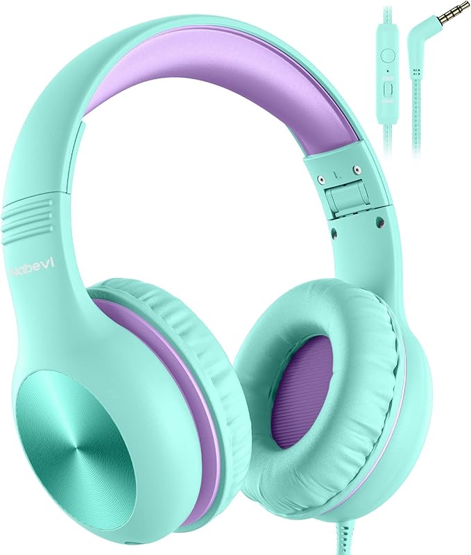 Kids Headphones with Microphone, Over-Ear Headphones for Kids with Sharing Function, 85dB/94dB Safe Volume Limit, Wired Headphone for Children, Kid Headset for School, Tablet, Travel, Green