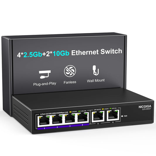 10Gbe Ethernet Switch Unmanaged with 2 x 10Gb RJ45 Ports + 4 x 2.5Gb Base-T Ports, Desktop/Wall Mount NICGIGA 6 Port 10Gbps Network Switch for Wireless AP, NAS, PC