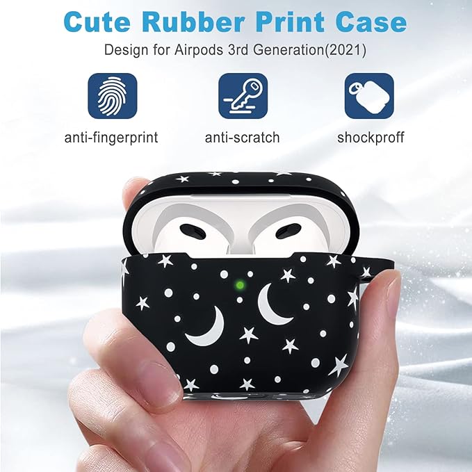 Moon Star Silicone Compatible with AirPods 3 Case 2021, Gawnock Soft Case for Compatible with AirPods 3rd Generation Print Cover for Women Girls with Keychain (Moon/Star)