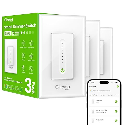 GHome Smart Dimmer Switch, Single Pole, 2.4GHz WiFi Dimmer Light Switch Works with Alexa and Google Home, Voice & APP Remote Control | Timer & Schedule | UL Certified, Neutral Wire Required, 3 PACK