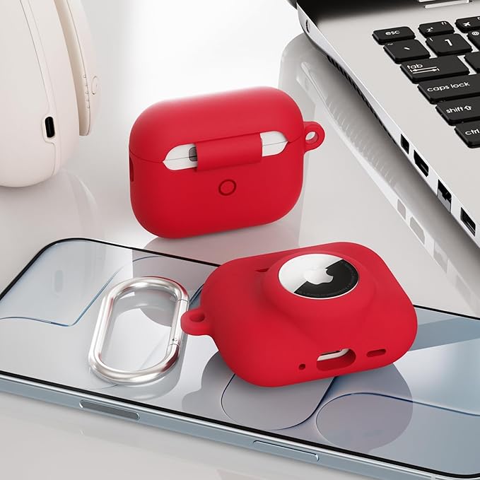 2 in 1 Silicone Case Compatible with AirPods Pro 3 and AirTag 2/1, Shockproof Protective Case Cover for AirPods Pro 3rd Generation 2025 with Cleaner Kit & Carabiner (Red)