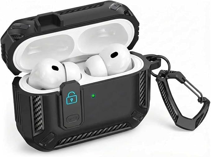 for AirPods 4 Case 2024 with Secure Lock Clip - Military-Grade Drop Protection AirPods 4th Generation Case, Carbon Fiber Shockproof Cover, Automatic Pop-up & Carabiner Hook, Black