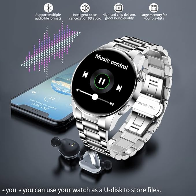 FILIEKEU Bluetooth Calls Smart Watch Men Women Heart Rate Sleep Monitor Steps IP67 Waterproof Sport Fitness Tracker 1.3''Touch Screen Fasion Black Stainless Steel Smart Watches for Android iOS