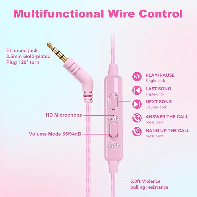 V8 Kids Headphones Wired with Mic for Toddlers, 85/94dB Safe Volume Limit, Foldable Portable Headphones for School & Travel, 3.5mm Port, Stereo Sound for iPad Tablet Kindle Computer (Pink)