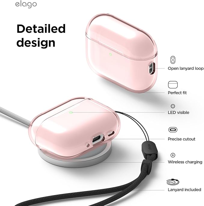elago Clear Case Compatible with AirPods Pro 3 Case Clear Cover - Lanyard Included, Strap Included, Reduced Yellowing, Shockproof, Full Protection, Soft TPU (Lovely Pink)