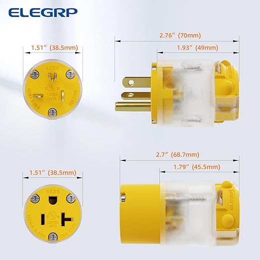 ELEGRP Lighted Straight Blade Electrical Plug and Connector Set 20 Amp 125 Volt NEMA 5-20P NEMA 5-20R 2 Pole 3 Wire Grounding, Commercial Grade, Yellow, 2 Set