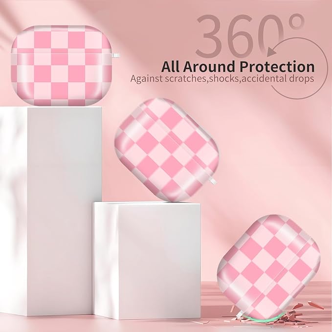 Compatible with AirPods Pro 3rd Generation 2025 Case Cover with Gold Keychain - Cute Protective Hard AirPod Pro 3 Cases for Women - Beige Pink Checkered