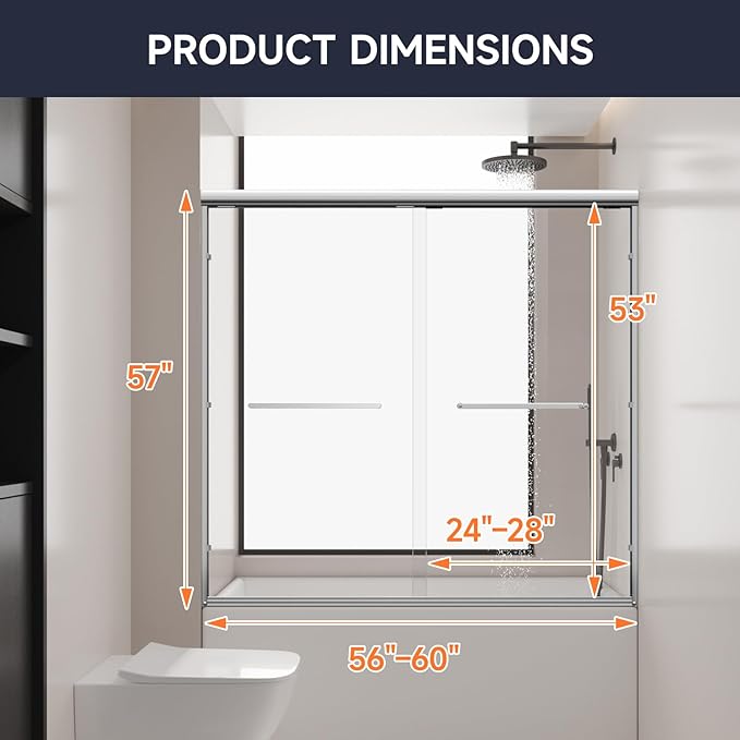 Bathtub Shower Door, 50-60" W x 57" H Shower Glass Door, Semi-Frameless Double Sliding Bathroom Tub Shower Door with 1/4 inch Clear Tempered Glass, Chrome