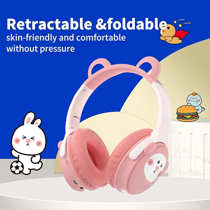 Kids Bluetooth Headphones， 85dB Safe Volume Limit, Stereo，Foldable Cute Up Cat Ear Children，Cartoon Animal Design,Ultra-Soft Over-Ear,Suitable for School & Travel (Pink)
