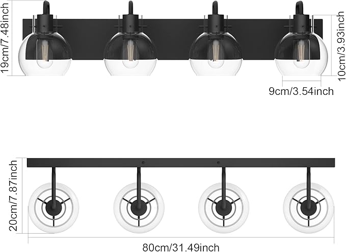 Tipace Black Industrial Bathroom Vanity Light Fixtures Over Mirror Glass Globe 4 Lights Vintage Vanity Lights Farmhouse Bath Lighting(Exclude Bulb)