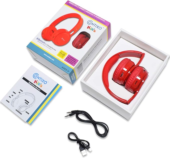 Contixo KB-2600 Over Ear Headphones - Wireless Bluetooth Headphones Kids Safe - 85dB with Volume Limited with Long Lasting Battery - Built-in Mic - Micro SD Card Slot - FM Stereo Radio (RED)