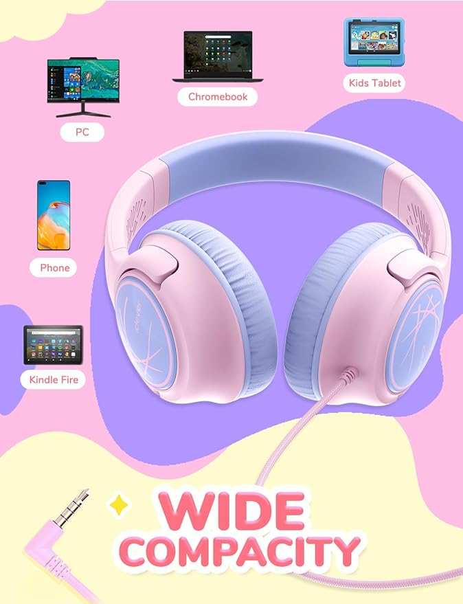 iClever Kids Headphones with Cord, 85dBA Safe Volume Wired Headphonesf or Kid, Stereo Sound Foldable Adjustable, 3.5mm Jack, Over Ear Child Headphone for School/Boys/Girls/iPad/Tablet/Travel, Pink