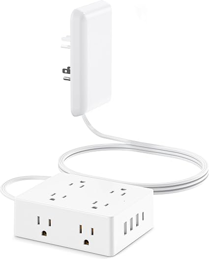 Olcorife Flat Extension Cord with Outlet Cover, Flat Plug Power Strip with 8 Outlets and 4 USB Ports, 5 FT Cord Hidden Outlet Extender for Tight Spaces