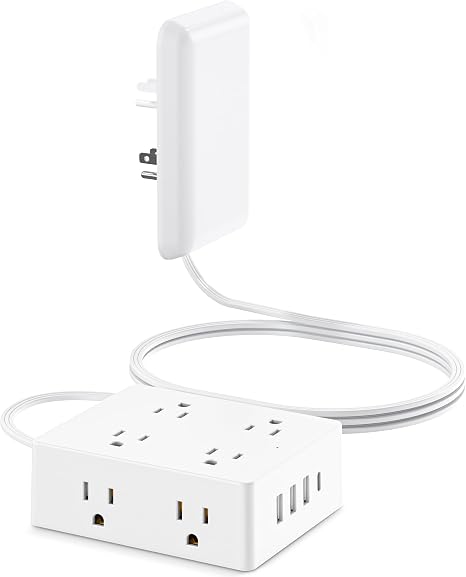 Olcorife Flat Extension Cord with Outlet Cover, Flat Plug Power Strip with 8 Outlets and 4 USB Ports, 5 FT Cord Hidden Outlet Extender for Tight Spaces