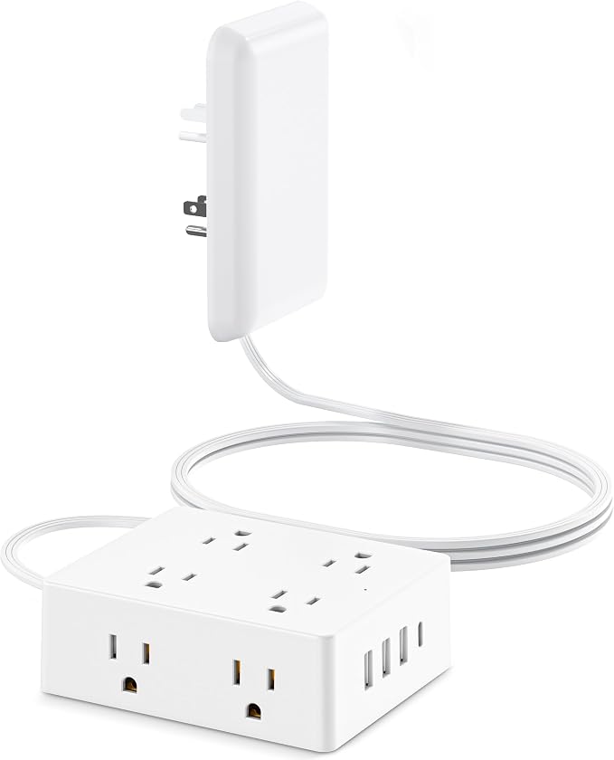 Olcorife Flat Extension Cord with Outlet Cover, Flat Plug Power Strip with 8 Outlets and 4 USB Ports, 5 FT Cord Hidden Outlet Extender for Tight Spaces