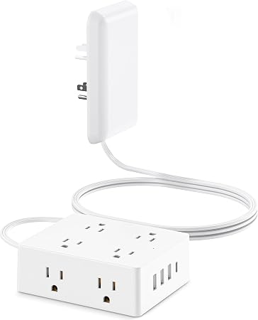 Olcorife Flat Extension Cord with Outlet Cover, Flat Plug Power Strip with 8 Outlets and 4 USB Ports, 5 FT Cord Hidden Outlet Extender for Tight Spaces