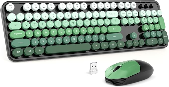 MOFII Wireless Keyboard and Mouse Combo, 2.4GHz Retro Typewriter Keyboard Full Size, Cute Wireless Mice, USB Dongle Plug and Play, for Laptop, PC, Desktop, Windows (Black Green Gradient Color)