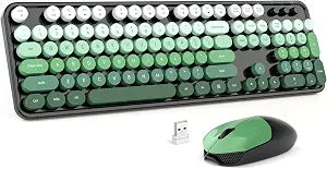 MOFII Wireless Keyboard and Mouse Combo, 2.4GHz Retro Typewriter Keyboard Full Size, Cute Wireless Mice, USB Dongle Plug and Play, for Laptop, PC, Desktop, Windows (Black Green Gradient Color)