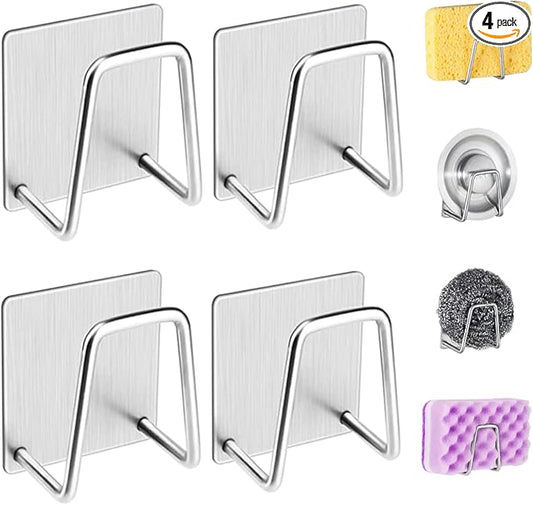 LYART 4Pcs Premium Sink Sponge Holder for Kitchen Sink Caddy Brush - SUS304 Stainless Steel Waterproof Rustproof Quick Drying Strong Self Adhesive (1. Silver X 4Pcs)