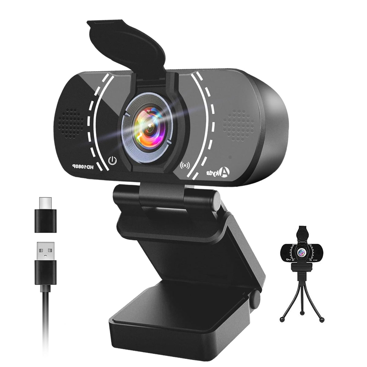 Akyta 1080P PC Webcam, Plug and Play USB C Camera with Microphone/Privacy Cover/Stand/Adapter & Wide Angle 110°, Web Camera for Desktop Computer PC Mac Video Calling/Zoom Conference