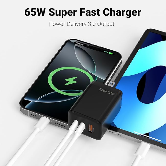 BELAROI 65W USB C Wall Charger Block, PD 3.1,3-Port GaN Fast Charger, 65W Foldable High Power Fast Charging Brick, for iPhone,iPad and MacBook Pro/Air,Samsung Galaxy (Black)