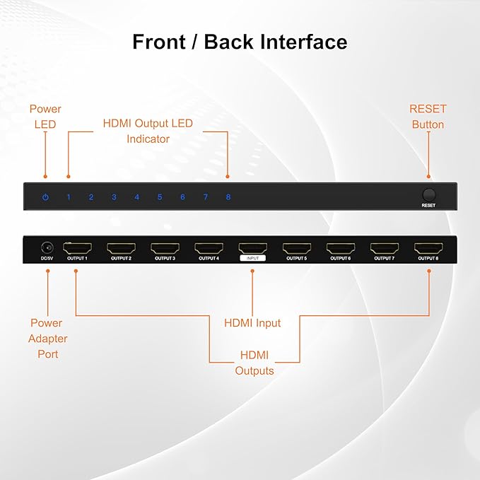 HDMI Splitter 1 In 8 Out 4K 60Hz Premium Quality 4K Ultra HD, HDMI Splitter for Multiple Monitors Duplicate/Mirror by J-Tech Digital [JTD4KSP0108]