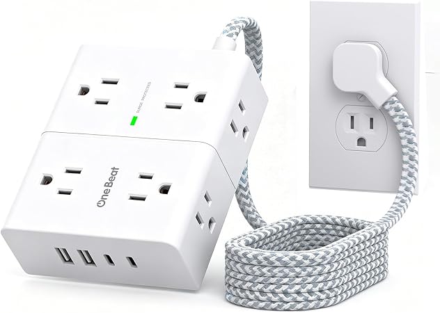 One Beat Flat Plug Surge Protector Power Strip, 6 Ft Flat Extension Cord