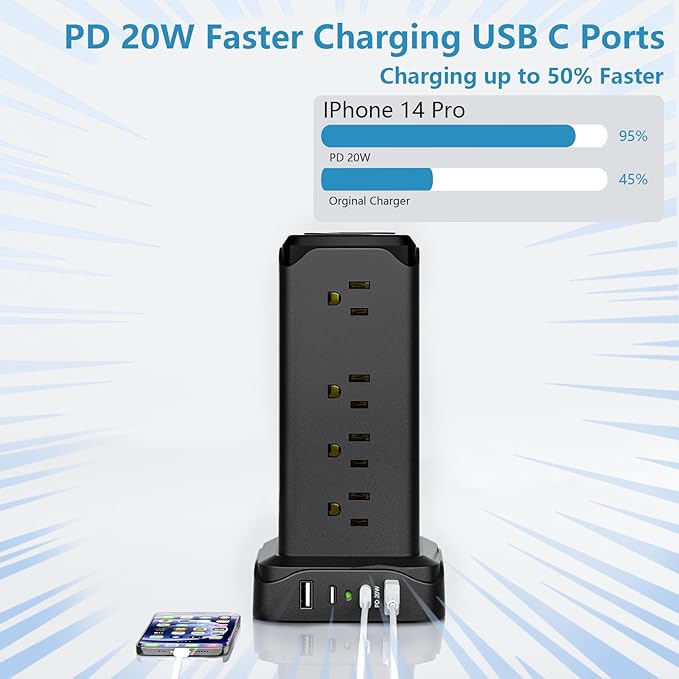 Power Strips with Surge Protection, PASSUS 6FT Flat Extension Cord with Multiple Outlets, 16AC Outlets Tower with 4 USB Ports(2 USB C) Charging Station Tower for Home Office Dorm