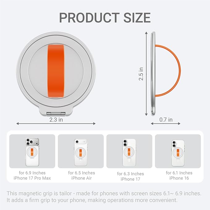 Grat 3 for Magsafe Magnetic Phone Grip Stand, 360° Rotatable Silicone Strap Phone Loop Holder, Detachable Ring Kickstand Compatible with iPhone 17 Pro Max Air 16 15 14 13 12, Silver